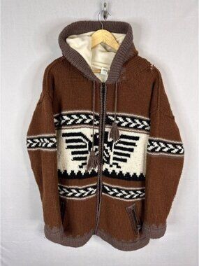 Native Kichwa Craft Lama Wool Fleece Lined Eagle Knit Thunderbird Jacket XL/XXL